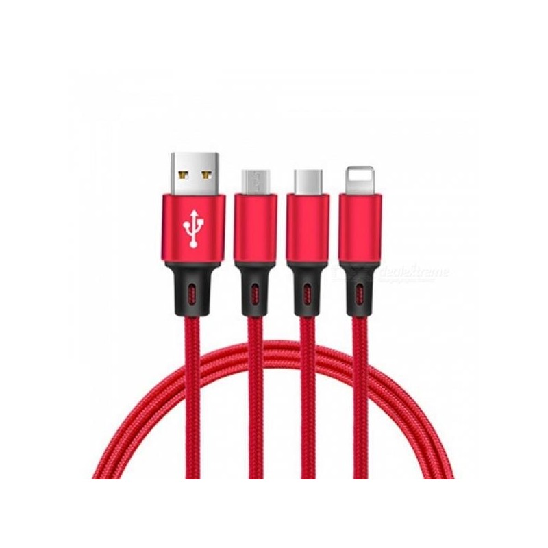 HiMobil datový a nabíjecí kabel 3v1 - Lightning + Micro USB + USB-C - tkanička - 120 cm - červený